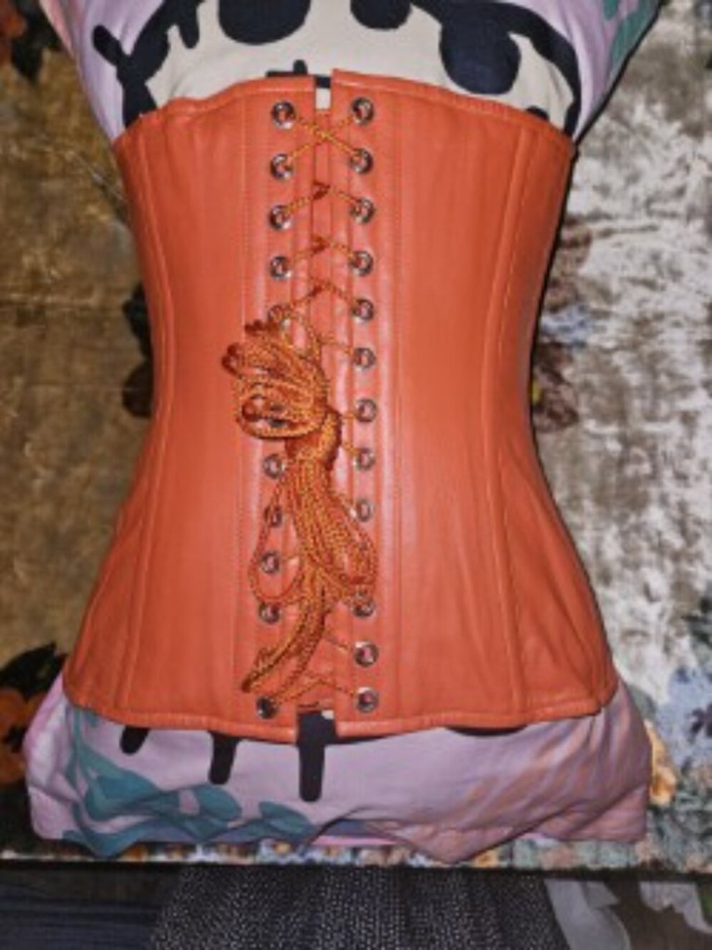 NWT 28"/LARGE ORANGE LEATHER CONCUBINE CORSET STEEL BONED TIGHT LACING ELEGANT - Picture 5 of 8